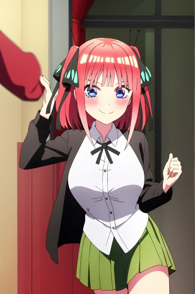 ((best quality)),((very detailed)),masterpiece,absurdities,detailed face,beautiful face,(detailed eyes, deep eyes),1 girl,((dynamic pose)), boy, pink hair, blue eyes , butterfly hair ornament, black ribbon, skirt, hair ornament, shirt, bangs, ribbon, green skirt, white shirt, black cardigan, cardigan, open clothing, open cardigan, blunt bangs, hair ribbon, fastening , breasts, pleated skirt, V-shaped eyebrows, short hair, pigtails, collared shirt, indoors, medium hair, blushing, alone, eyebrows hidden by hair, long sleeves, smiling with rosy cheeks, two sides up, large breasts , dress shirt, shiny hair, standing, shiny, looking at viewer, medium breasts, holding viewer's hand, walking through Tokyo city at night
