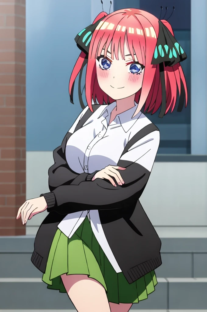 ((best quality)),((very detailed)),masterpiece,absurdities,detailed face,beautiful face,(detailed eyes, deep eyes),1 girl,((dynamic pose)), boy, pink hair, blue eyes , butterfly hair ornament, black ribbon, skirt, hair ornament, shirt, bangs, ribbon, green skirt, white shirt, black cardigan, cardigan, open clothing, open cardigan, blunt bangs, hair ribbon, fastening , breasts, pleated skirt, V-shaped eyebrows, short hair, pigtails, collared shirt, indoors, medium hair, blushing, alone, eyebrows hidden by hair, long sleeves, smiling with rosy cheeks, two sides up, large breasts , dress shirt, shiny hair, standing, shiny, looking at viewer, medium breasts, holding viewer's hand, walking through Tokyo city at night