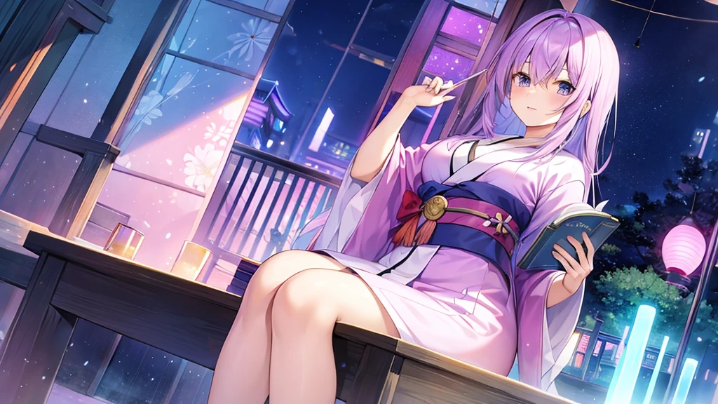 woman　clear　Light purple hair　　kimono　　Anime Style　reading　Literature