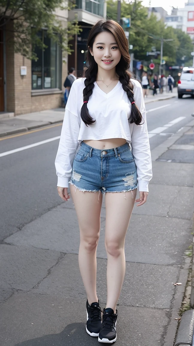 Wearing a white shirt, girl, (tight top:1.5),close your mouth and smile,legs long,Skinny super shorts,White skin of the,high high quality,4K, Face-to-face audience, 1 plump girl,hair tying up,at the street side,(Bring your legs together:1.5),with a round face, 32 inches in the chest, (sexy pose),(standing pose) ,(full body shot)、Chest 32 inches, ,Stand on the grass and take pictures