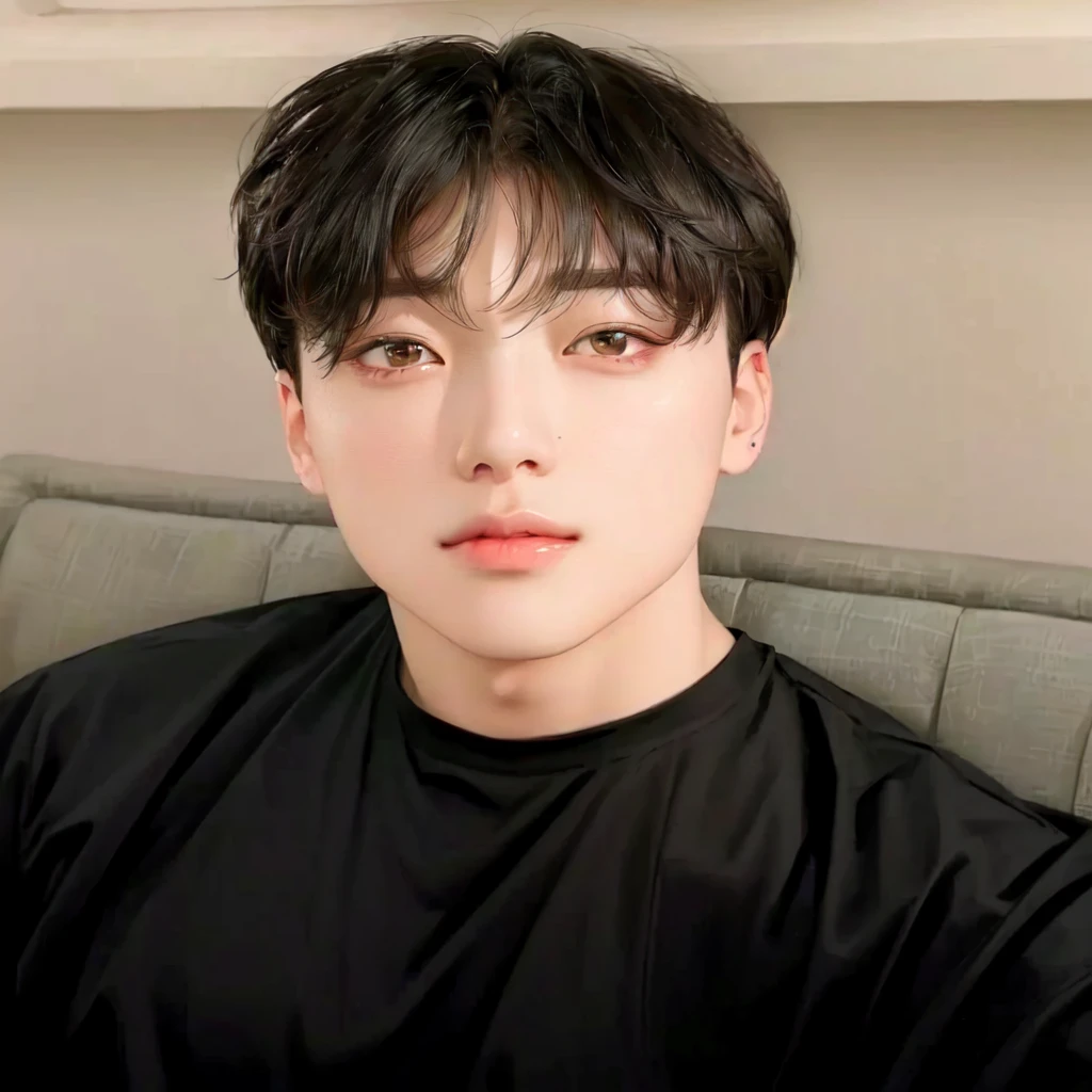 a close up of a person sitting on a couch with a black shirt, jungkook, hyung tae, jimin\'s plump lips, taejune kim, jimin\'s right eyelid swollen, wan adorable korean face, kim doyoung, shin jeongho, jung jaehyun, cai xukun, yanjun chengt, park jimin, headshot profile picture , Jungkook , k-pop , BTS , k-pop idol , jeon jungkook