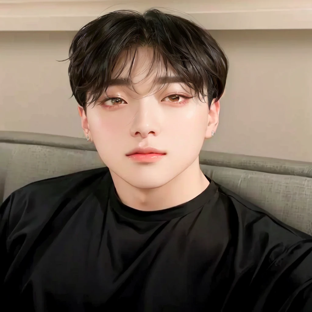 a close up of a person sitting on a couch with a black shirt, jungkook, hyung tae, jimin\'s plump lips, taejune kim, jimin\'s right eyelid swollen, wan adorable korean face, kim doyoung, shin jeongho, jung jaehyun, cai xukun, yanjun chengt, park jimin, headshot profile picture , Jungkook , k-pop , BTS , k-pop idol , jeon jungkook
