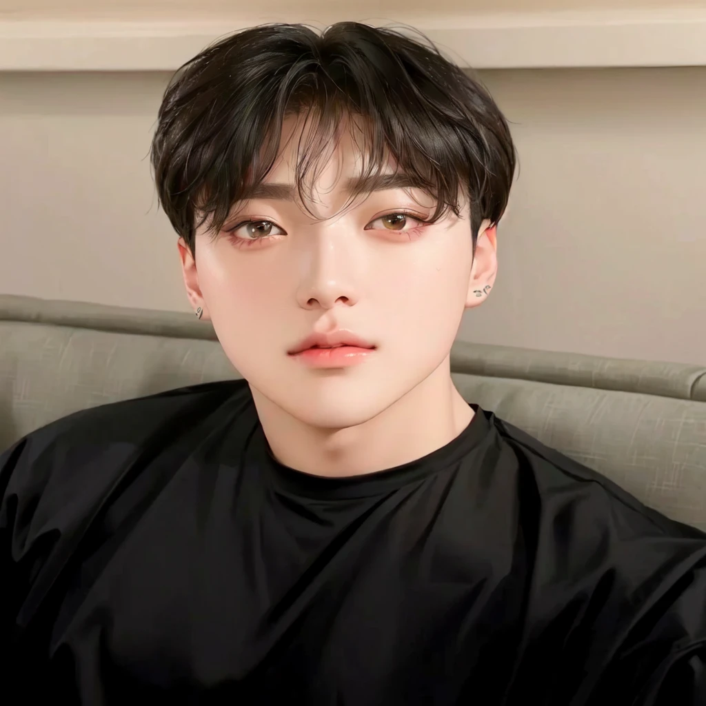 a close up of a person sitting on a couch with a black shirt, jungkook, hyung tae, jimin\'s plump lips, taejune kim, jimin\'s right eyelid swollen, wan adorable korean face, kim doyoung, shin jeongho, jung jaehyun, cai xukun, yanjun chengt, park jimin, headshot profile picture , Jungkook , k-pop , BTS , k-pop idol , jeon jungkook