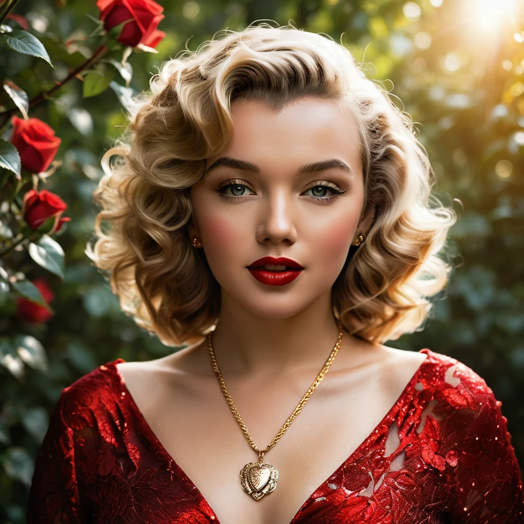 Create a highly detailed and realistic portrait of a young Marilyn Monroe with long, wavy brown hair adorned with red roses. She has striking, expressive eyes and a calm, composed expression. She is wearing a vintage-style outfit with a necklace featuring a pendant. The background is a soft-focus natural setting with warm, dappled sunlight filtering through the leaves, enhancing the serene and romantic atmosphere. The style should be hyper-realistic with a touch of romanticism. Photo Realistic photo, vibrant colors, 16k