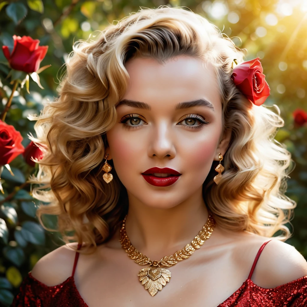 Create a highly detailed and realistic portrait of a young Marilyn Monroe with long, wavy brown hair adorned with red roses. She has striking, expressive eyes and a calm, composed expression. She is wearing a vintage-style outfit with a necklace featuring a pendant. The background is a soft-focus natural setting with warm, dappled sunlight filtering through the leaves, enhancing the serene and romantic atmosphere. The style should be hyper-realistic with a touch of romanticism. Photo Realistic photo, vibrant colors, 16k
