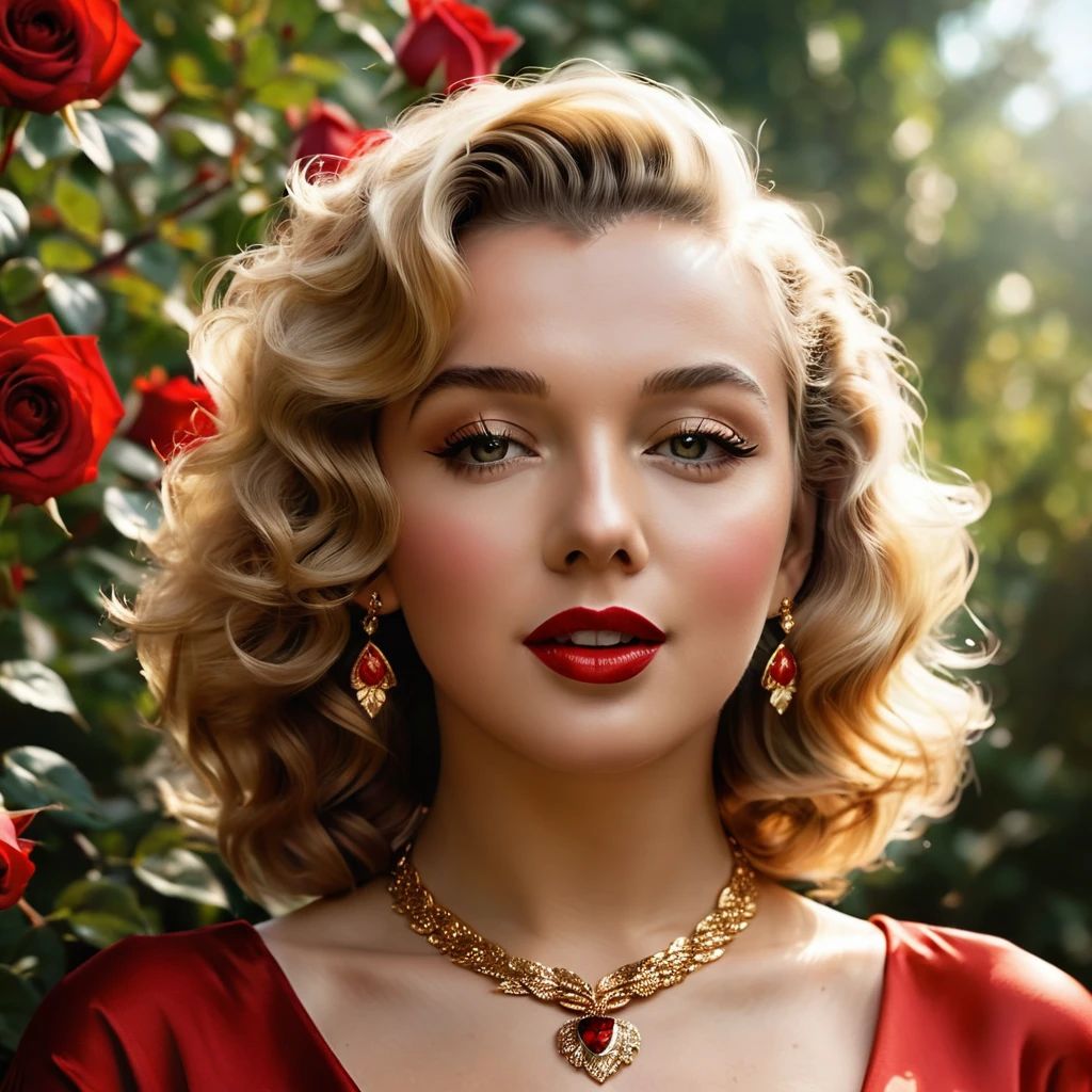 Create a highly detailed and realistic portrait of a young Marilyn Monroe with long, wavy brown hair adorned with red roses. She has striking, expressive eyes and a calm, composed expression. She is wearing a vintage-style outfit with a necklace featuring a pendant. The background is a soft-focus natural setting with warm, dappled sunlight filtering through the leaves, enhancing the serene and romantic atmosphere. The style should be hyper-realistic with a touch of romanticism. Photo Realistic photo, vibrant colors, 16k