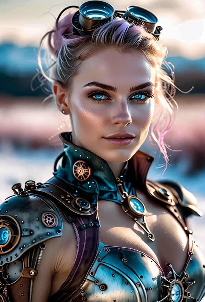 Full body photo shot on Nikon D850, 16k, masterpiece, Detailed, breathtaking, atmospheric perspective, diffusion, natural skin texture, DSLR, 80mm Sigma f2, depth of field, film grain, intricate natural lighting,  full length photo of beautiful steampunk with icy blue and white lighting standing in icy field, topless, light grey and pink, energy-filled illustrations, extremely sexy, detailed face and eyes, no makeup, little smiling, highly detailed, dark fantasy aura,  faded colours. 