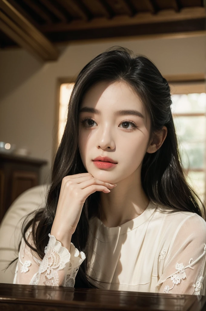 (((best quality))),(((ultra detailed))),(((masterpiece))),illustration,1girl, young, beautiful, delicate, sitting, dining table, cheongsam-style dress, lace sleeves, luxurious, exquisite, smooth skin, delicate facial features, pouted lips, doll-like appearance, sipping coffee, blinking, eyes half-closed, making a face, tongue sticking out, exhaling, soft light, warm glow, pitch-black kitchen, dim light, eerie atmosphere, mysterious, soft hum, air conditioner, ticking clock, tranquil, ominous, otherworldly feel, beauty, darkness, loneliness, unaware, world outside