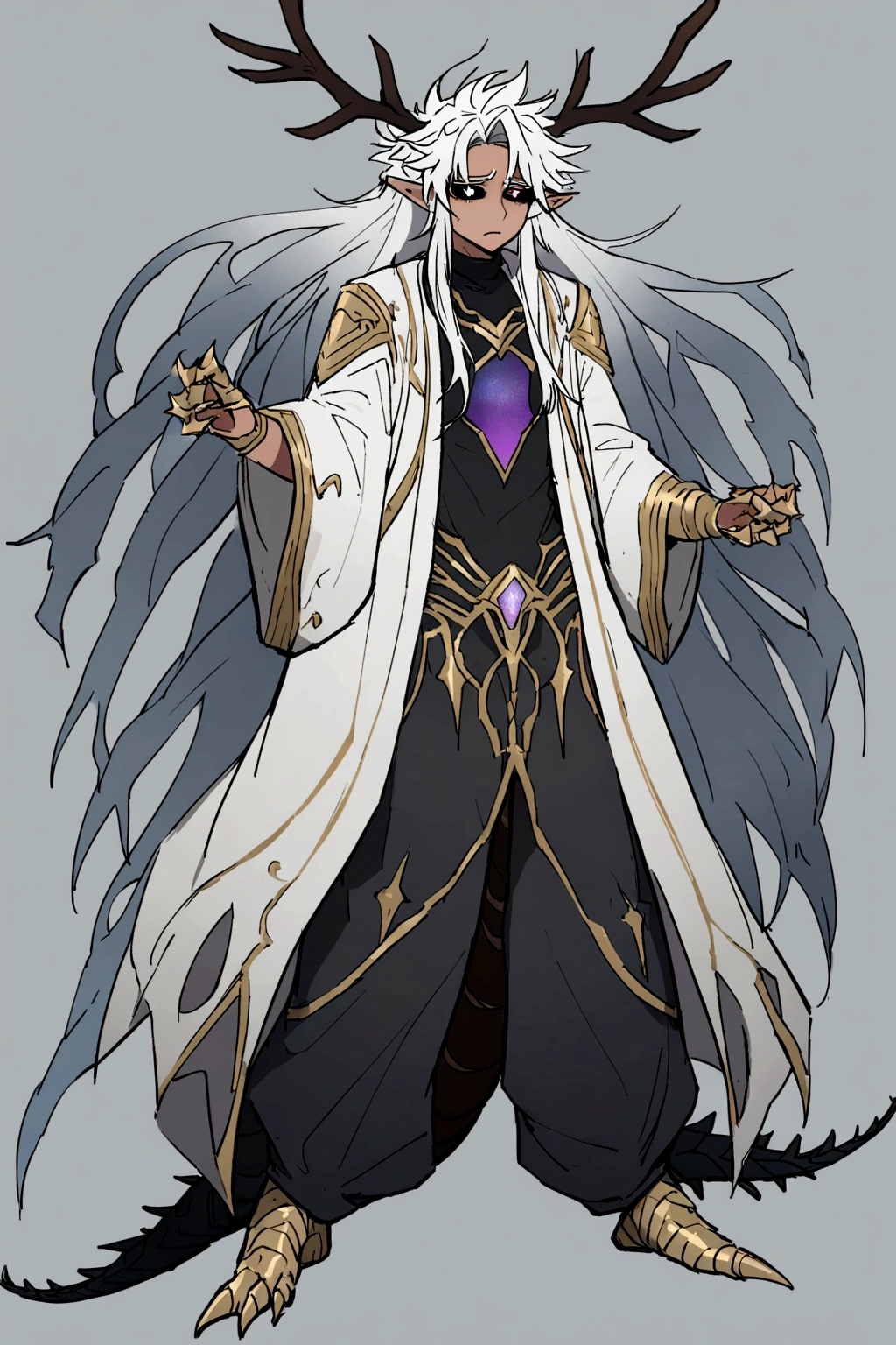 Solo, male teen, Character fusion: Nibelung fused with nidhoggr, odin and sun wukong, tall tanned man with wild unruly white hair, bangs on face, bangs, ((iridescent irises)), black sclera on eyes, long voluminous hair, spiky hair, pointy ears, fit , clawed fingers, dragon tail, open haori, turtleneck tanktop, dark crystal antlers, exhausted expression, khaenr'ah abyss, draconic person, s9vereign of the abyss, calamity incarnate,  full body