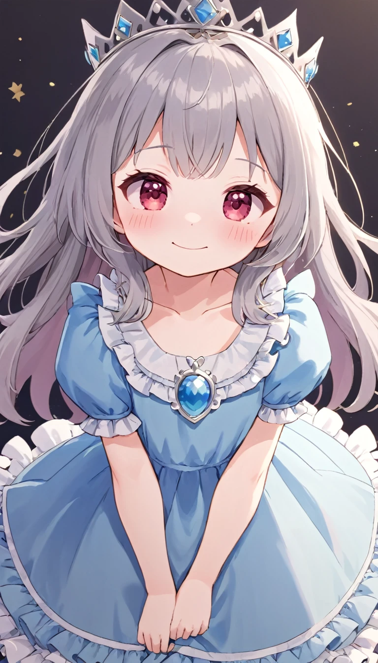 1girl, solo, long hair, looking at viewer, blush, smile, bangs, red eyes, dress, closed mouth, collarbone, short sleeves, grey hair, frills, puffy sleeves, pink eyes, puffy short sleeves, blue dress, frilled dress, tiara, aged down, crown, , v arms (li:1.5), (toler:1.5). 