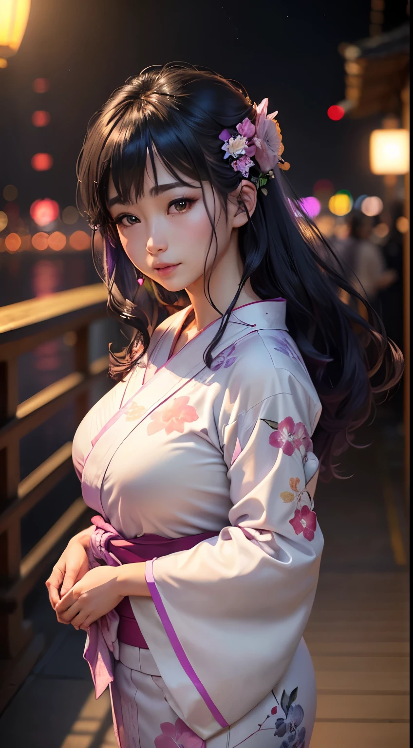 (logo、masterpiece、8K、Tabletop、RAW Photos、wonderful、最high quality、フォトリアリスティックでVery detailedな CG 複合 8K 壁紙、high quality、Very detailed、Narrative poem、Particle Effects、Dynamic Effects、Depth of the Boundary、Cinematic Light、Lens flare、Ray Tracing)、 (One beautiful woman wearing a yukata、White yukata、Light purple pattern)、Black-haired、High definition skin、Very fine、Fine skin texture、Beautiful Face、True Face、Beautiful details in the eyes、Realistic eyes、Beautifully detailed eyes、Realistic Skin、Beautiful Skin、Surreal、Smiling Eyes、Hair and light eyes、vivid、Colorful lights and bokeh、plump lower lip、Pink Lips、Hair flutters in Wind、Hair bounces、wonderful景色、night、evening、Wind、moonlight、moonlight、light