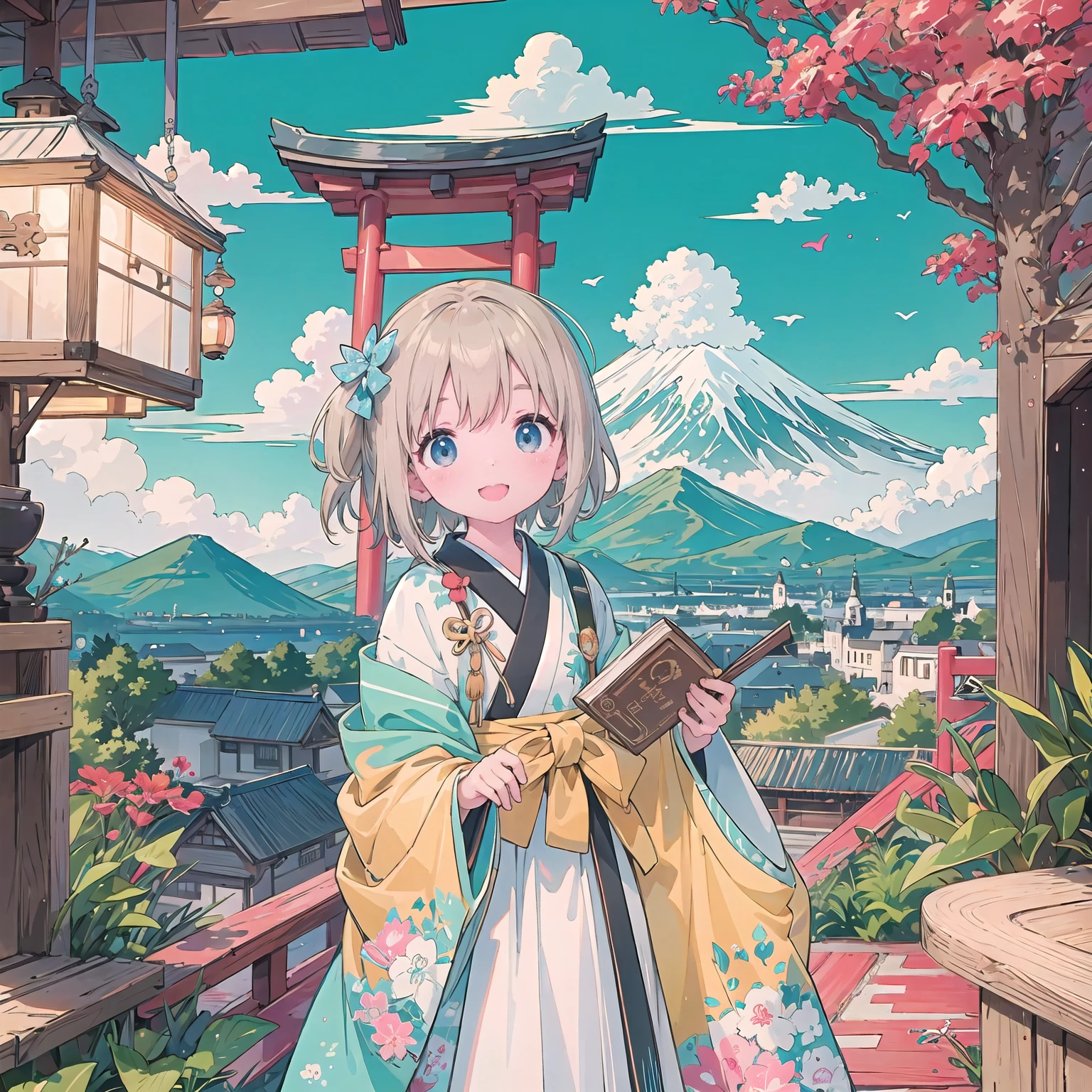 finely detailed illustration, best quality, masterpiece, vibrant color,High resolution、８ｋ、8-year-old、pretty girl、Japanese 、Happy smile、Beautiful background, 1 Girl 