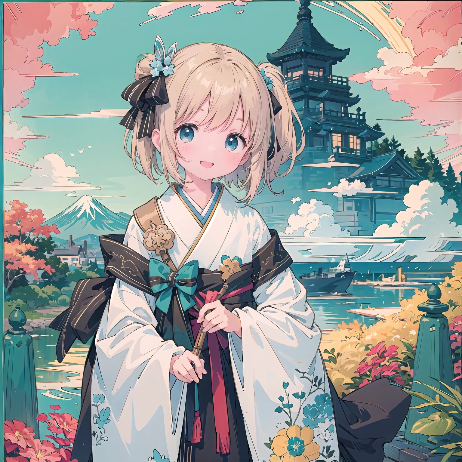 finely detailed illustration, best quality, masterpiece, vibrant color,High resolution、8k、8-year-old、pretty girl、Japanese 、Happy smile、Beautiful background, 1 Girl
