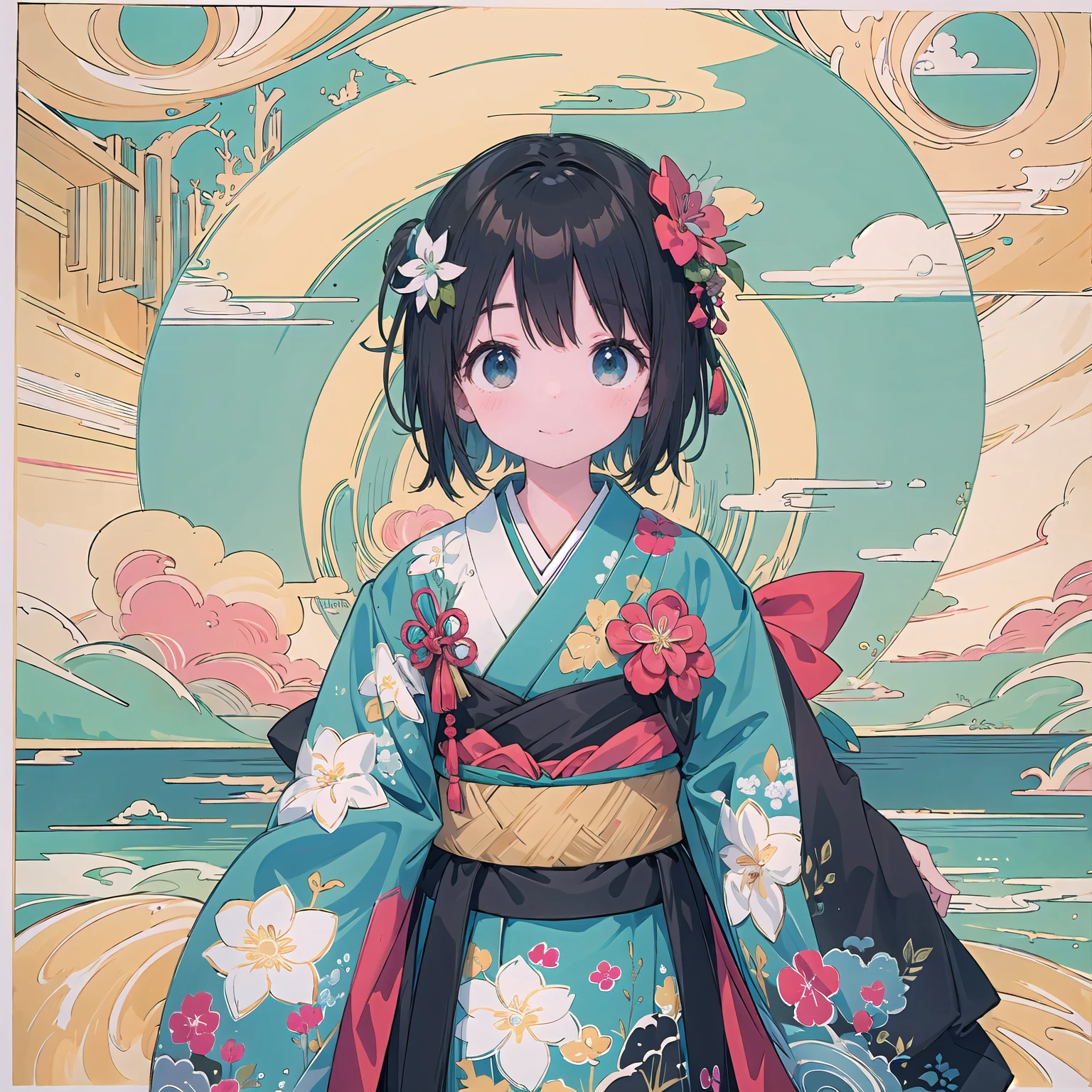 finely detailed illustration, best quality, masterpiece, vibrant color,High resolution、8k、8-year-old、pretty girl、Japanese 、Happy smile、Beautiful background, 1 Girl