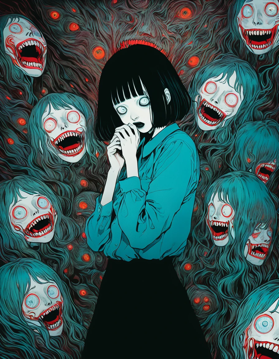 illust、art、horor, directed by Junji Ito、nightmare、anxiety、high detail, realsitic shadow、Analog style, chromatic aberration, Surrealism