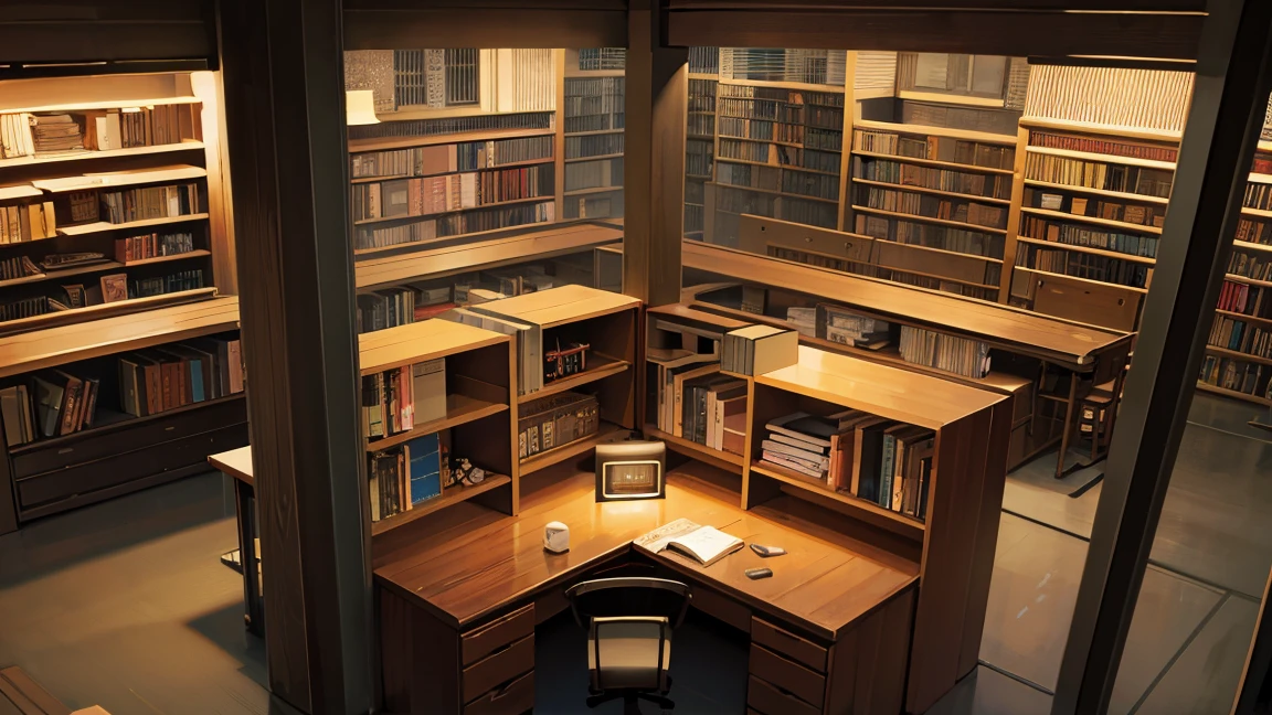 A narrow and dark study、The back wall is completely covered with bookshelves、There is one desk with a PC in the center.、No people