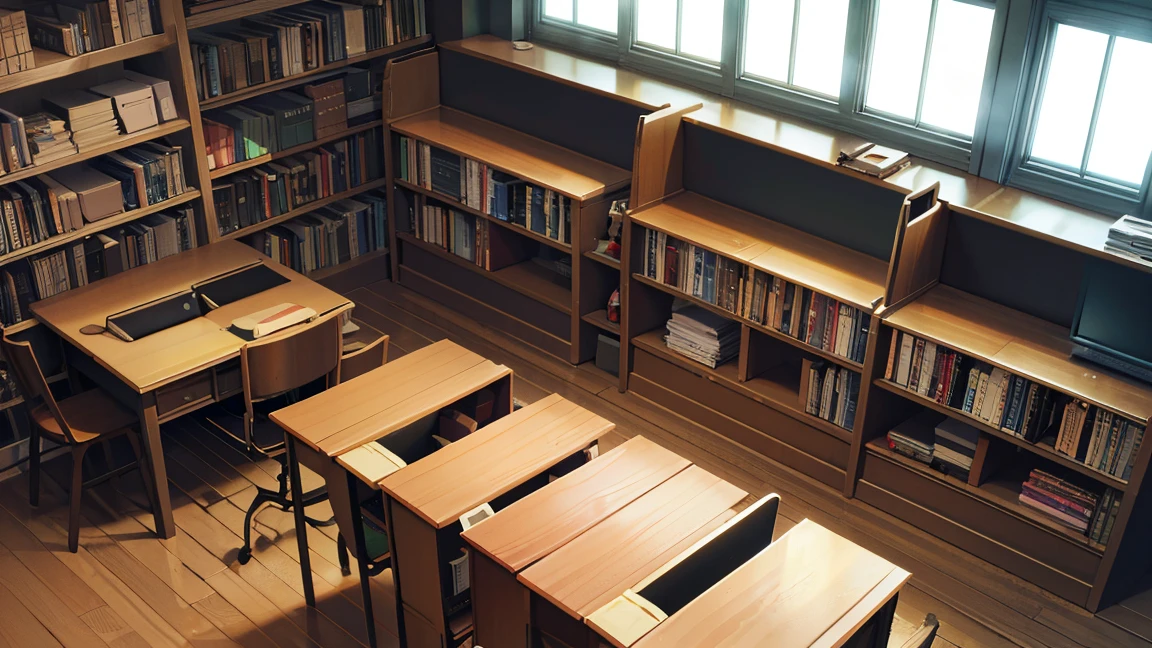 A narrow and dark study、The back wall is completely covered with bookshelves、There is one desk with a PC in the center.、No people