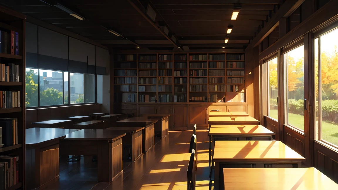 A narrow and dark study、The back wall is completely covered with bookshelves、There is one desk with a PC in the center.、No people