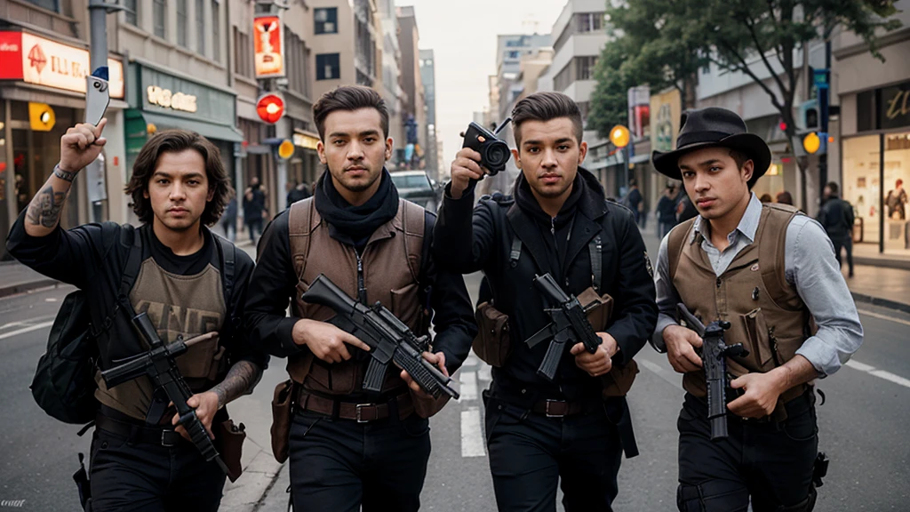 several people carrying guns pointed in one direction