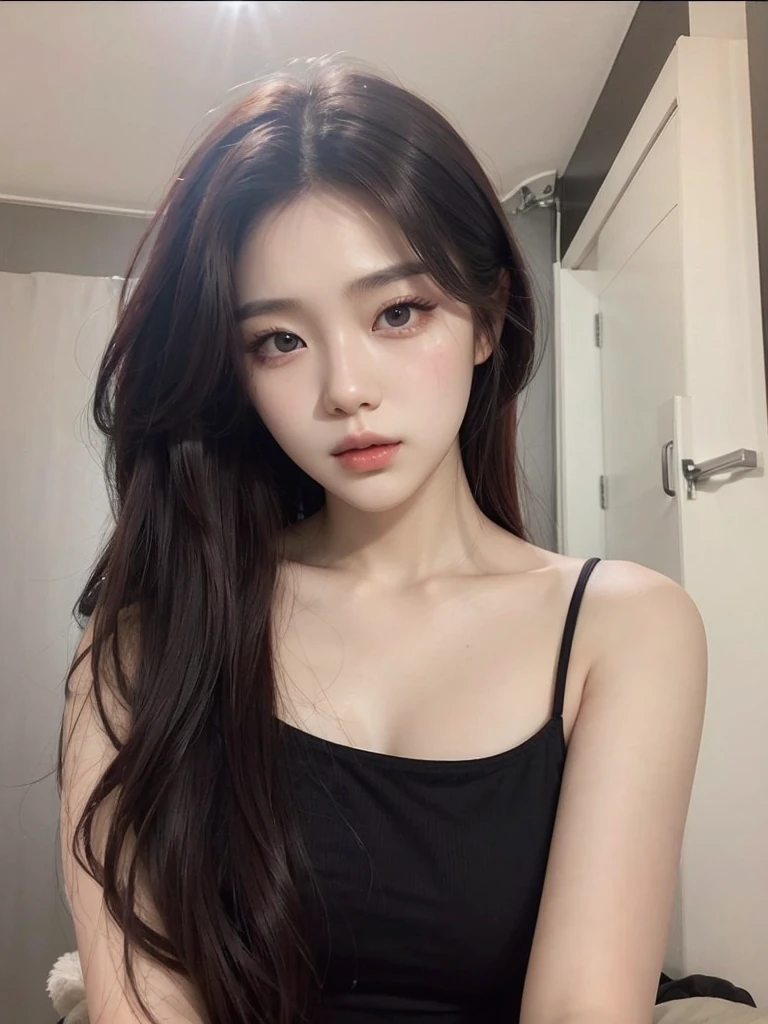 a beautiful korean girl with long red hair, detailed facial features, detailed eyes and lips, elegant female portrait, cinematic lighting, dramatic mood, vibrant colors, high quality, intricate details, photorealistic, digital art