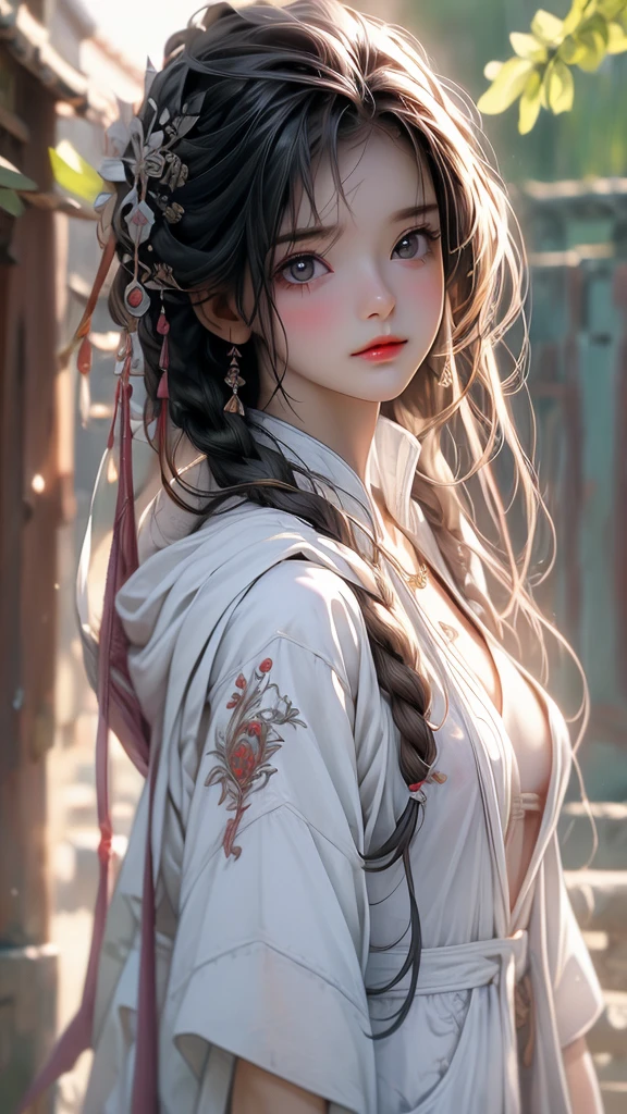Masterpiece, high resolution, Screenshot, Best Quality, 1 girl, (scar on left eye), short white jacket, Very detailed, rule of thirds, jewelry, wide, hits, hair between the eyes