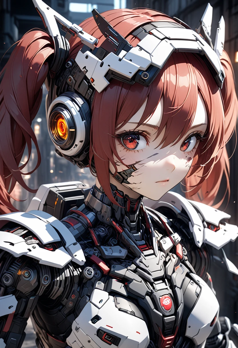 3D digital art from the fantasy world, 1girl, robot girl, red hair, twin tails, red eyes, white and gray camouflage clothing, she wearing flashy robot armor, holding an urban camouflage long range rifle, a robot-like helmet on the head, scouter in one eye, the skin on half of the face has peeled off, the base of the cyborg is visible, face full of scars, close up face, shot from an angle,High resolution, high precision images, 4k, 8k, best quality, hyper-detailed,  intricate details, cinematic lighting, dramatic colors, concept art style