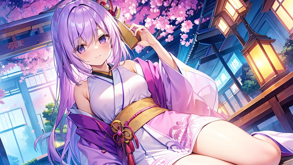 woman　clear　Light purple hair　　kimono　　Anime Style　　Teahouse
