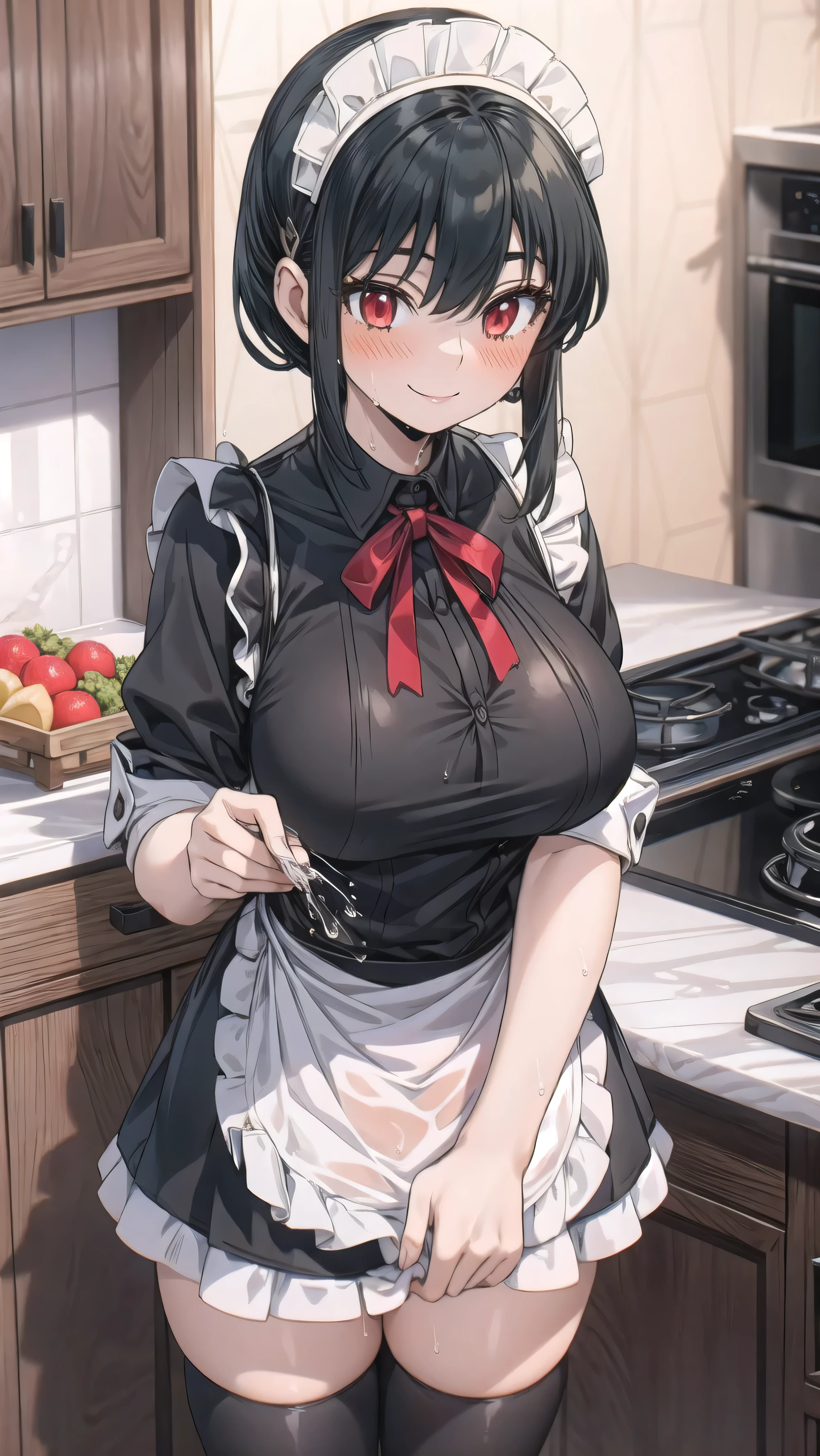 1 girl, short hair, black hair, red eyes, wavy_hair, oversized breast, sagging_breasts, large_breast, eye_narrowed, blushing, sexy_smile, exposed_pussy, kitchen, Maid_Dres, thighhighs, wet pussy, nervous,