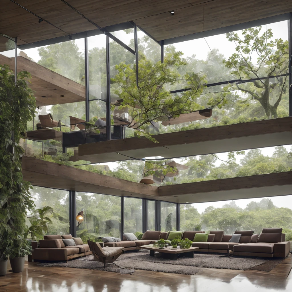 8k,32k,highest quality, Chair, sofa, plant, Fresh green scenery, Rainy weather, Disorganized, composition, cup, interior, Floor-to-ceiling windows, Wooden floor, living room, Dark brown