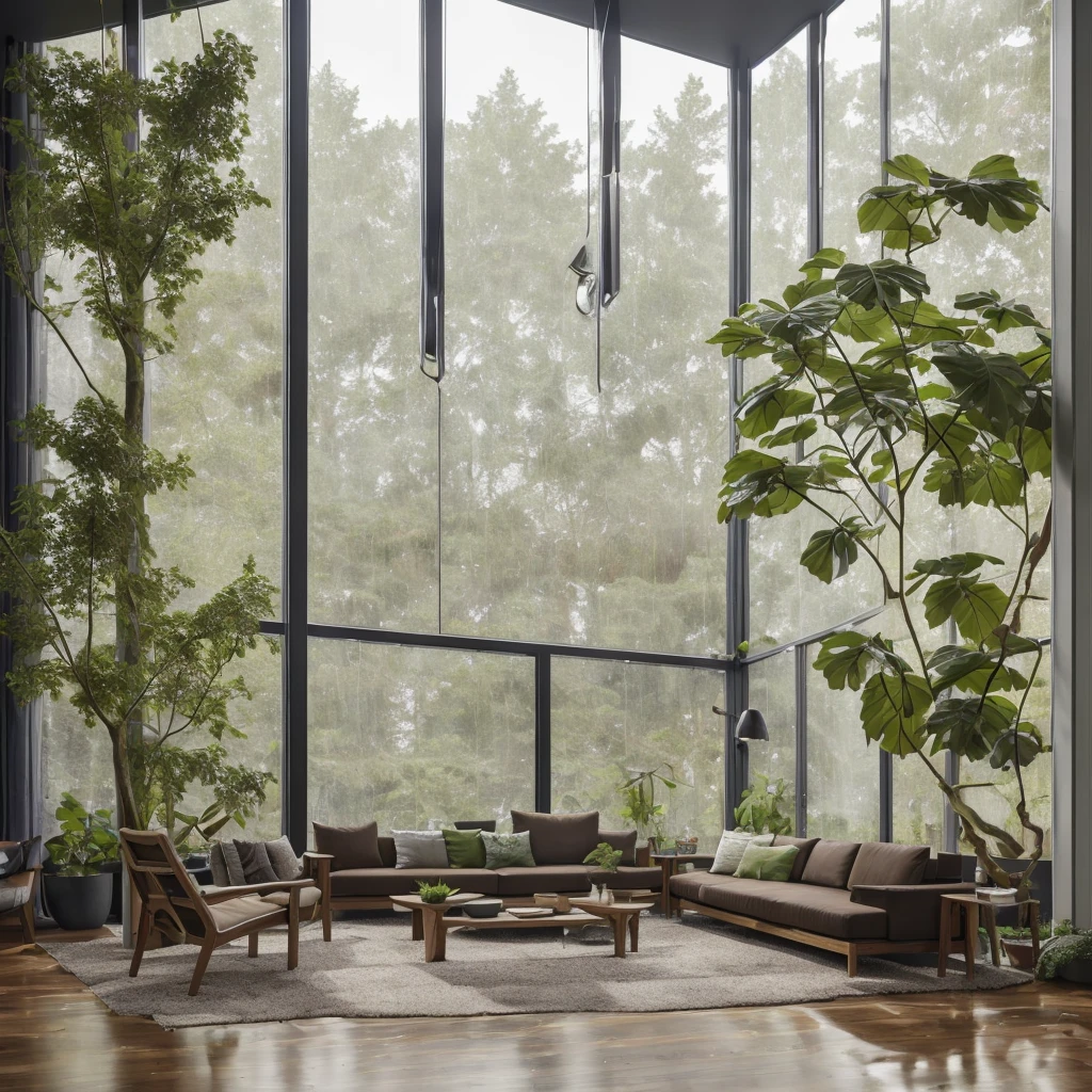 8k,32k,highest quality, Chair, sofa, plant, Fresh green scenery, Rainy weather, Disorganized, composition, cup, interior, Floor-to-ceiling windows, Wooden floor, living room, Dark brown