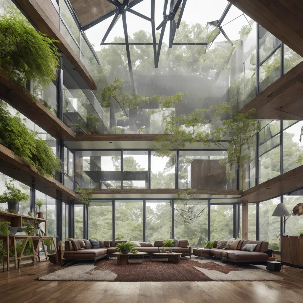 8k,32k,highest quality, Chair, sofa, plant, Fresh green scenery, Rainy weather, Disorganized, composition, cup, interior, Floor-to-ceiling windows, Wooden floor, living room, Dark brown