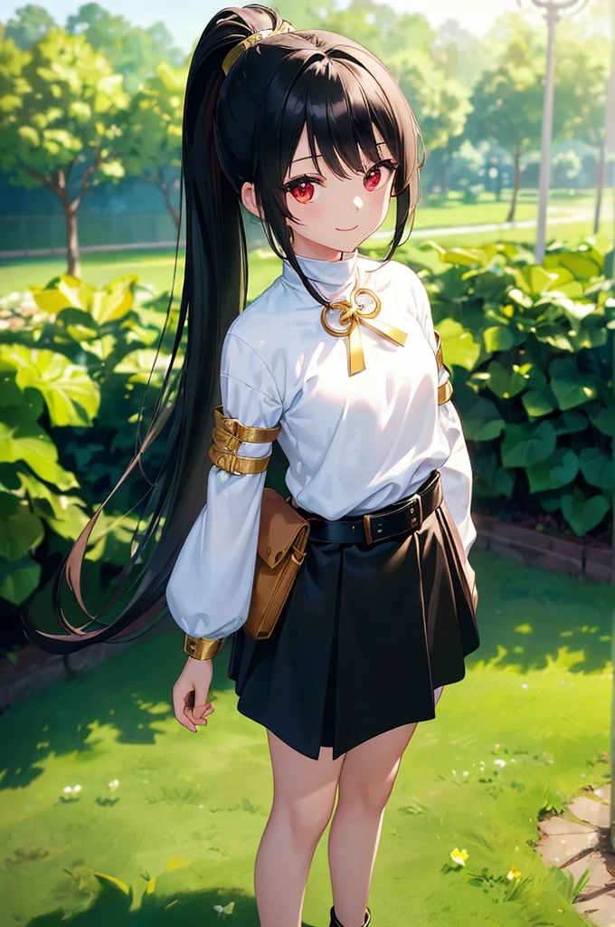 (masterpiece; best quality: 1.2), (finely detailed eyes: 1.3), ((10 year old female ???)), ((solo)), (red eyes: 1.4), (body; short, slender: 1.3), (black hair in ponytail: 1.3), (beautiful and clear background: 1.2), ((depth of field)), (clothes: wanderer mage attire + white-and-gold wide-sleeve high-neck shirt + very long black skirt + belts + traveler pouches and satchel: 1.3), (anime illustration: 1.2), (background; garden exterior: 1.1), (extremely fine and beautiful: 1.1), (shot composition; standing + centered on torso + close-up: 1.5), (expression; calm, smile: 1.2)