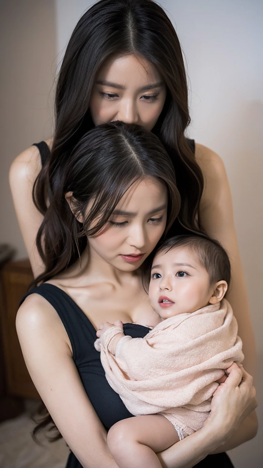 I want a cell phone wallpaper photo that is of a family of 4 , with the following descriptions: a tall chubby woman with chocolate hair color copper green eyes, tall thin man black hair with beard brown eyes, 9  girl brown hair brown eyes and 4 year old n hair brown eyes.
all together hugged