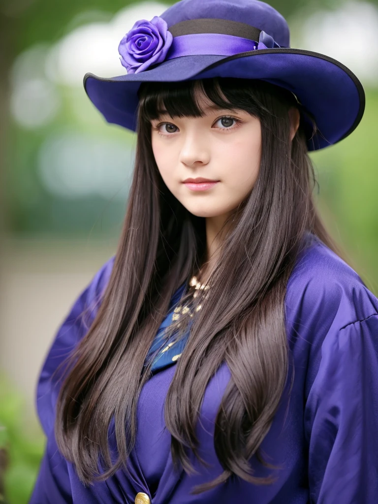 The bangs are very long,Long flowing bangs、Flowing hair、Thick Dagger、、blue rose ,{dark brown hair,hair over one eye,long hair,flipped hair,purple minihat,blue rose on the hat} ,Purple eyes、Horse&#39;s ears、Horse tail,{purple dress:1.5,Lolita dress,purstyle},belt,cutwork lace legwear,zettai ryouiki,pink cheek,pink lips,slim body type, 16K, japanese idol, realistic