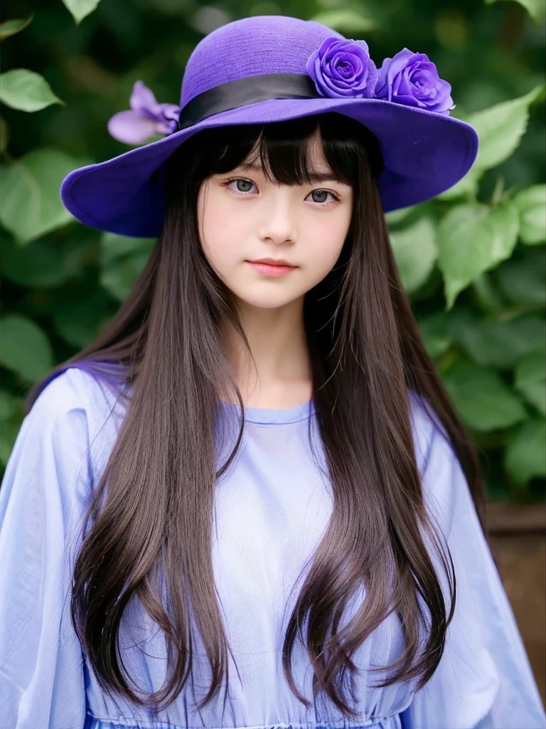 The bangs are very long,Long flowing bangs、Flowing hair、Thick Dagger、12-year-old girl、blue rose ,{dark brown hair,hair over one eye,long hair,flipped hair,purple minihat,blue rose on the hat} ,Purple eyes、Horse&#39;s ears、Horse tail,{purple dress:1.5,Lolita dress,purple style},belt,cutwork lace legwear,zettai ryouiki,pink cheek,pink lips,slim body type, 16K, japanese idol, realistic