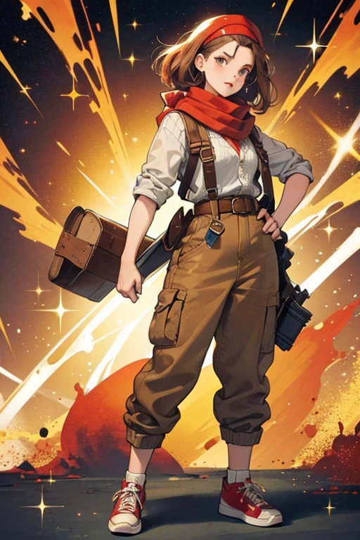 She has brown hair with a 1940s red head scarf/head bandana with a denim jumpsuit with a stain and a belt; she also has red socks and yellow sneakers. SPARKLE; GLITTER