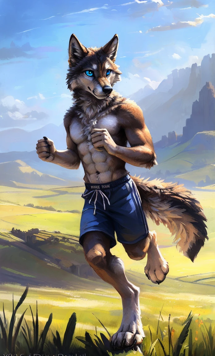 ((Solo)), male people, anthro wolf, (Multi-colored fur, White-brown:1.3,White tail pointed), (Height 2.1m,Tail length 1.2m), ((Wolf face, Big eyes, White eyelids, Blue pupil, Slim:1.2) (Tough, Calm expression:1.2)), Abs, Slim, pinging)), (Correct anatomy), (Work shorts:1.1), The upper body naked, (detailed outfits),A long big tail,Feet,(Realistic fur, Detailed fur texture, labeled:1.3)), (Natural lighting), Photorealistic, Hyperrealistic, ultradetailed, by Kenket,Field,erect through,Running on