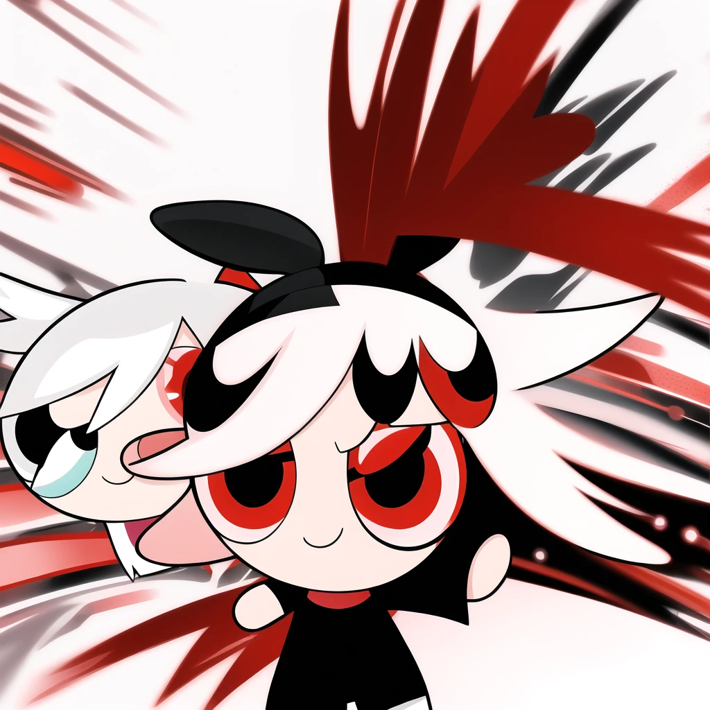 smile,chibi, full body, 1girl, white hair, red eyes, black short sleeve shirt, black shorts,