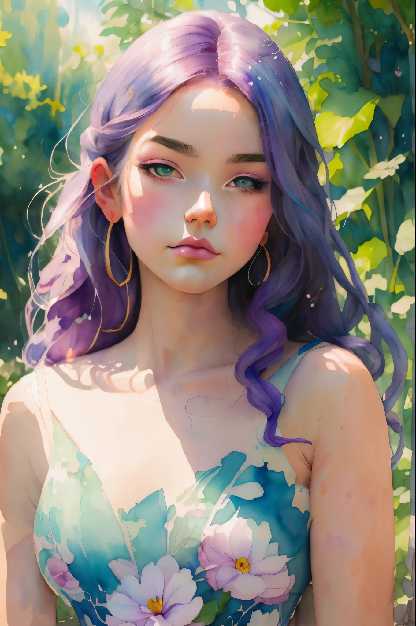 (watercolor painting) of a woman with purple hair and a purple dress, beautiful character painting, watercolor detailed art, in the art style of bowater, beautiful anime portrait, watercolor colored painting, alice x. zhang, detailed watercolor painting, masterful detailed watercolor, princess portrait, highly detailed exquisite fanart, watercolor artstyle, watercolor painting style, detailed color portrait, beautiful anime art style