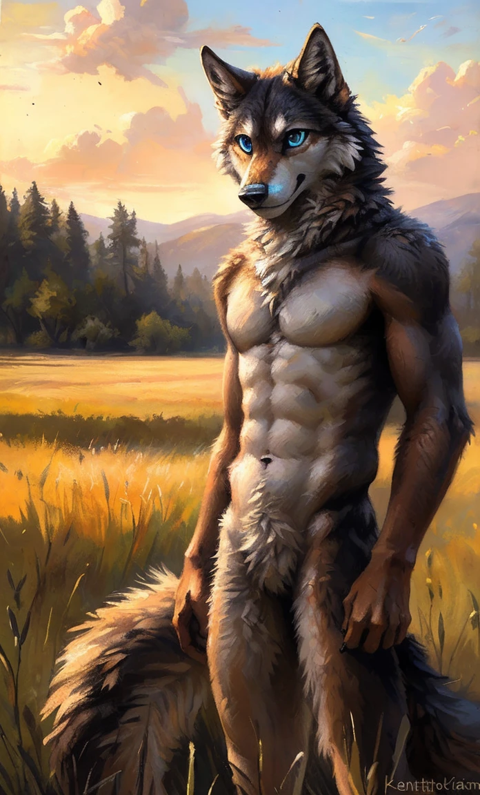 ((Solo)), male people, anthro wolf, (Multi-colored fur, White-brown:1.3，White tail pointed), (Height 2.1m,Tail length 1.5m), ((Wolf face, Big eyes, White eyelids, Blue pupil, Slim:1.2) (Tough, Calm expression:1.2)), Abs, Slim, pinging)), (Correct anatomy), Naked all over the body,A long big tail，Feet，(Realistic fur, Detailed fur texture, labeled:1.3)), (Natural lighting), Photorealistic, Hyperrealistic, ultradetailed, by Kenket，Field，No artifacts