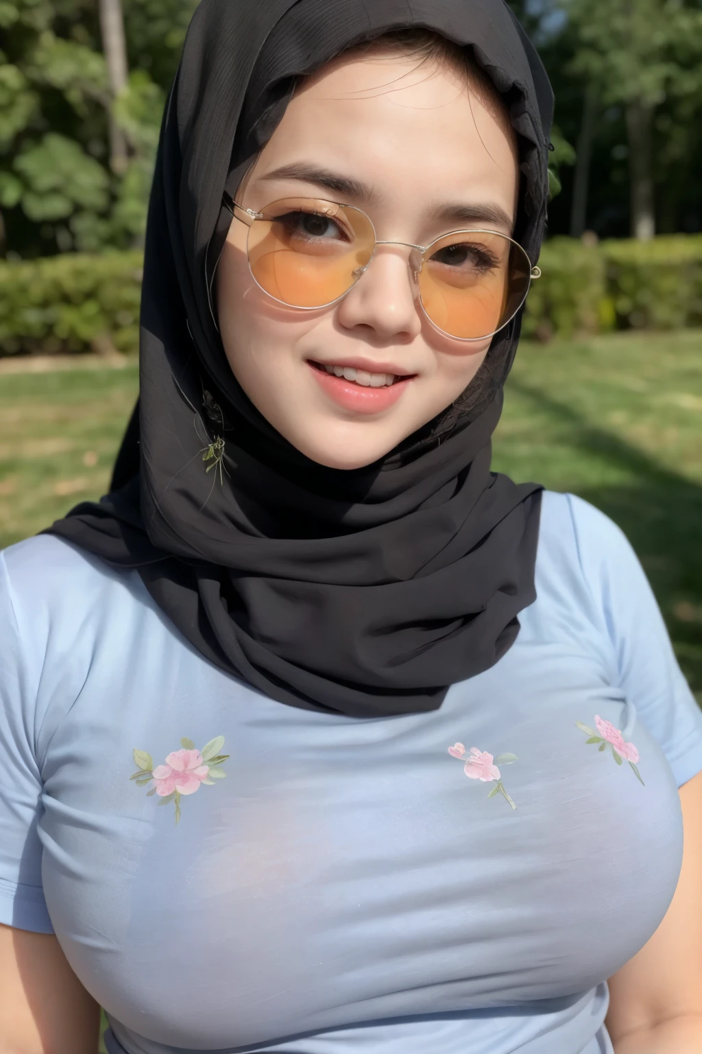 (SUNGLASSES), Chubby adorable, 1 girl, (face to face), 10 years old, baby face, happy, half body portrait, (face details: 1), (eye details: 1), ((big breasts)). wearing transparent transparency soft green long shirt, hijab, .. Cute posed. proportional body. Ultra High Res. realistic: 1.4, UHD, (floral pattern)