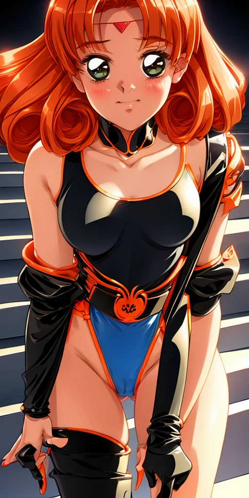 Natasha is standing blushing in an orange high-cut leotard.。