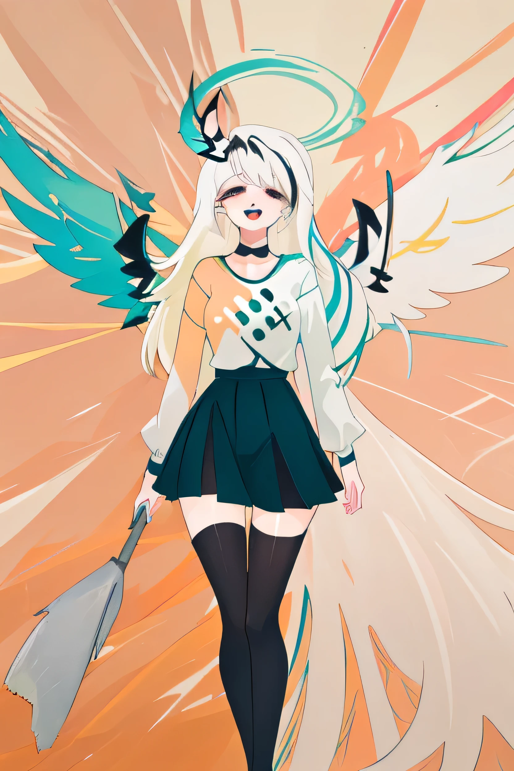 absurdres, (best quality: 1.0), (super high res: 1.0), extremely detailed character, 1girl, angel girl, ((large angel wings)),  ((eyes on wings)), ((black wings)), ((multiple large wings)), (angel wings on head), (((eyes on hair))), extremely long hair, ((white hair)), ((platinum blonde colored inner hair)), extremely detailed eyes, grey eyes, ((full body)), ((colorful pastel clothes)), colorful, ((pastel color skirt, pastel color shirt)), soft pastel colors, ((mini skirt)), ((zettai ryouiki)), ((thigh gap)), small breasts, standing, medieval, RPG, pearls, petals, hypnotizing, fighting pose, combat, confident, smiling 