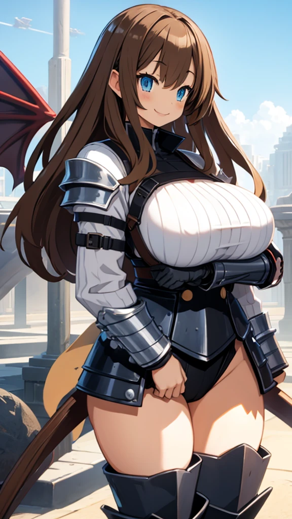 Anime, 1 girl, huge Brown hair, fluffy hairstyle, blue eyes, busty, gorgeous plumpy body, plump hips, heavy armored, Holding a gigantic weapon, dragon's wings, large tail, smiling