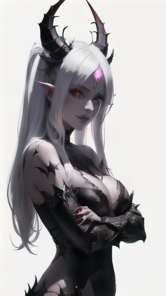 a demon with horns and white hair is posing for a picture, succubus, a demonic skin, Nectrotic skin, Burnt skin, female demon, hyperdetailed fantasy character, dark demon succubus, portrait of an demon queen, demon princess, of an elden ring demon, demon character with smirk, demon, demon queen, complex fantasy character, portrait of demon royalty