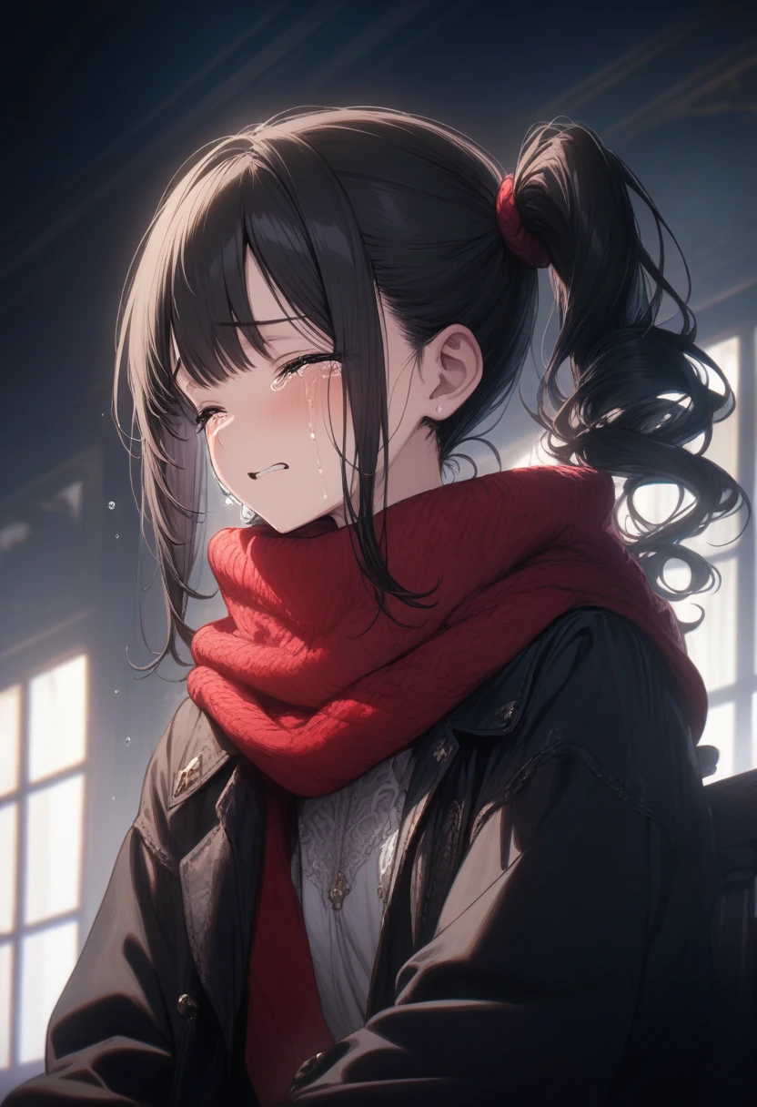 masterpiece, best quality, 1girl, momose_(oqo) official art, sitting, crying, tears streaming, black coat, red scarf, black hair, side_ponytail, (very aesthetic, best quality, ultra detailed), intricate details, highres
