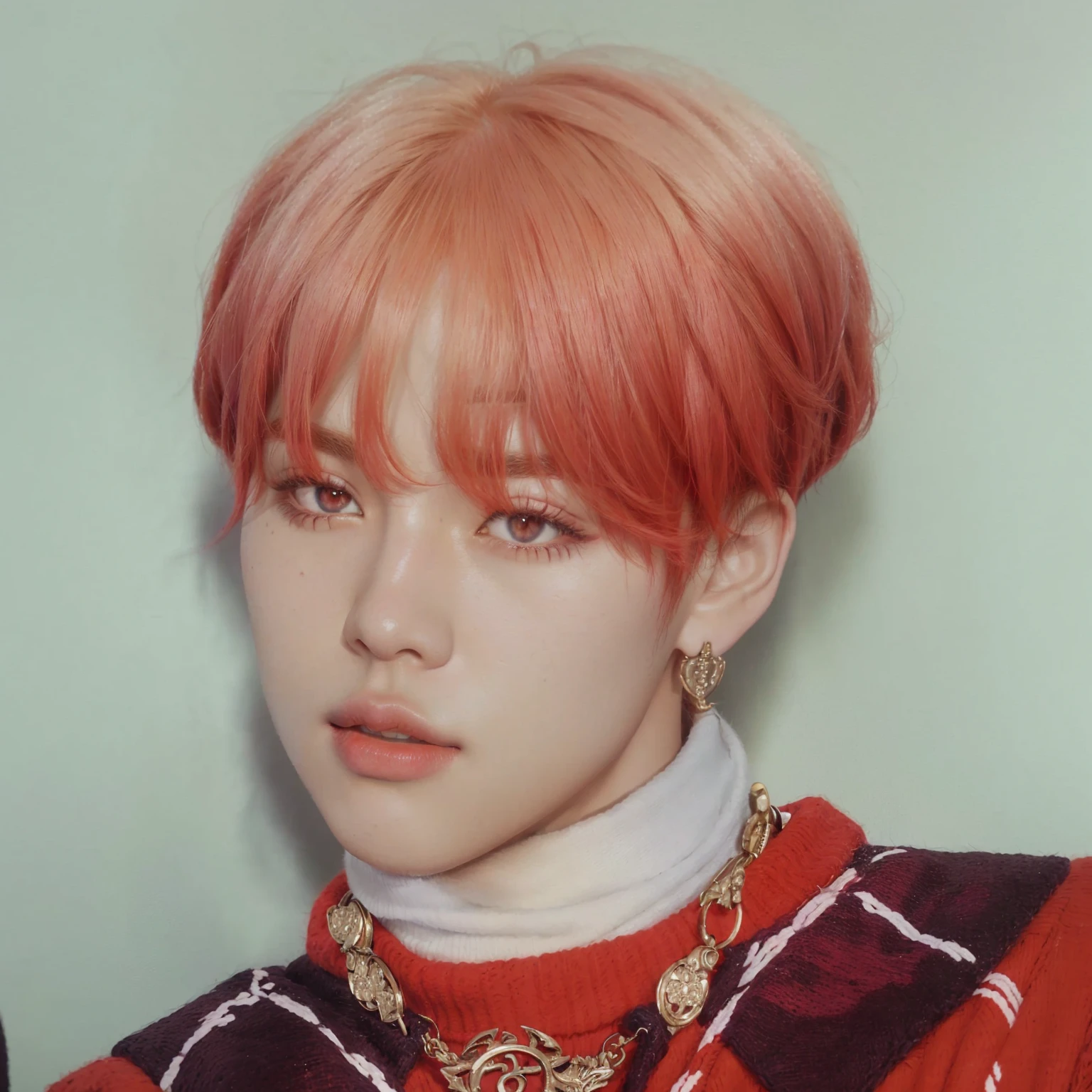 Araffated boy with red hair and a necklace and a red sweater, Jimin, Portrait of Blackpink's Jossi, Jimin\his right eyelid is swollen, park Jimin, Jimin\full lips, Jimin\'s grecian nose, accurate Jimin face, black haired yoongi, Yanjun Chengt, from 8k matte, 8k octaas rendered photo