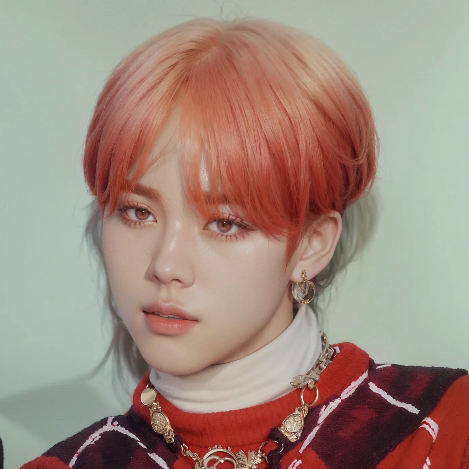 Araffated boy with red hair and a necklace and a red sweater, Jimin, Portrait of Blackpink&#39;s Jossi, Jimin\his right eyelid is swollen, park Jimin, Jimin\full lips, Jimin\'s grecian nose, accurate Jimin face, black haired yoongi, Yanjun Chengt, from 8k matte, 8k octaas rendered photo