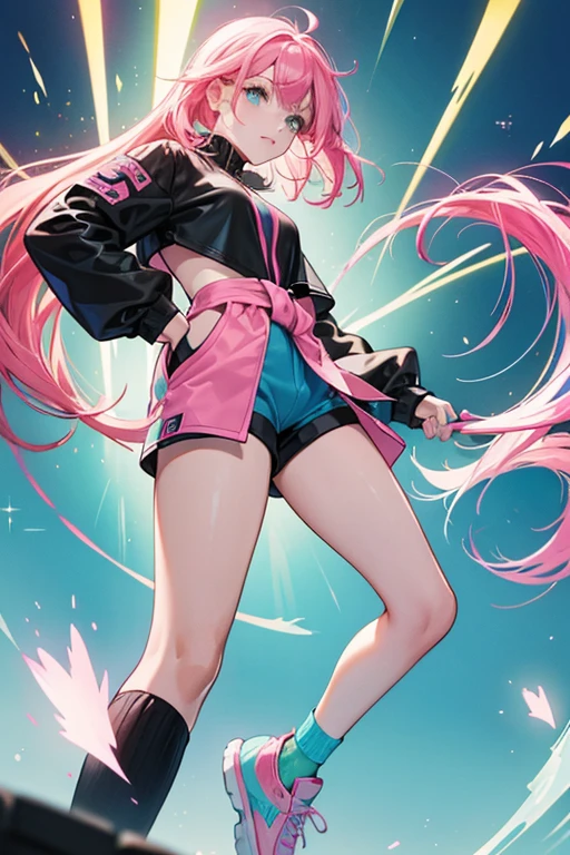 V.R.Q.T. has hot pink hair that fades into light pink strands. She has a black long-sleeved shirt with a blue vest on top of it. Her shorts are pink with a neon yellow jumper around her waist, and neon teal slip-on shoes. SPARKLE; GLITTER