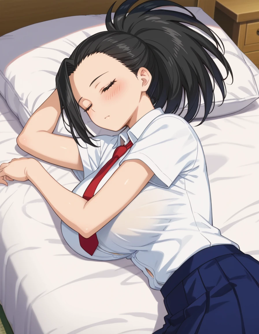 score_6_up, best quality, anime screencap, 1girl, solo, momo, long hair, bangs, black hair, ponytail, black eyes, high ponytail, wide ponytail, big breasts, blush, looking at viewer, student, bed room, blue skirt, red tie, sleeping, closed eyes, lying bed